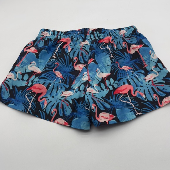 Ladies ~ Hot Coals ~ Tropical Blue Leaf Pink Flamingos Print ~ Swim Shorts ~ M - Picture 6 of 7